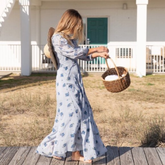 Free People Sea Glass Floral Puff Sleeve Midi Dress Blue Combo Sz 4 (S/M) - Picture 2 of 10